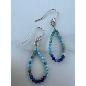 Blue Larimar‎ Lapis Lazuli Beaded Teardrop Hoop Earrings Sterling Silver 925